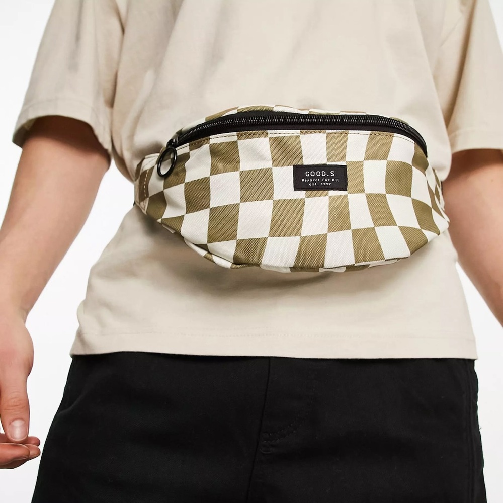 ASOS checked plaid fanny pack bag in khaki white & black NEW